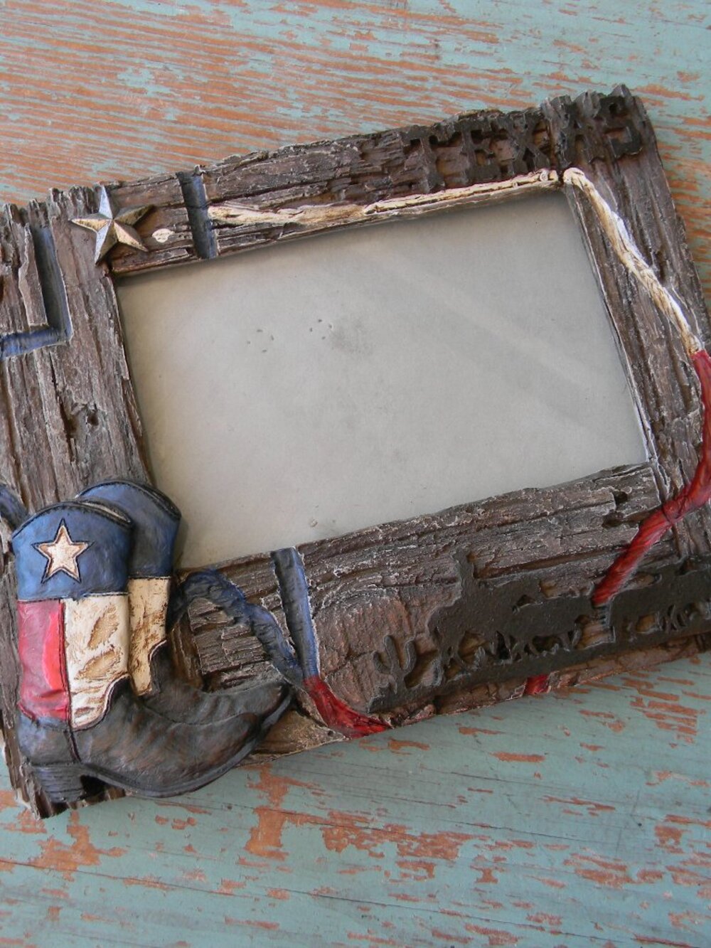 Western Picture Frame COWBOY TEXAS BOOTS Western Ranch Decor WOOD CARVED